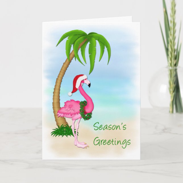 Flamingo Palm Tree Weihnachtsgrußkarte Feiertagskarte (Vorderseite)