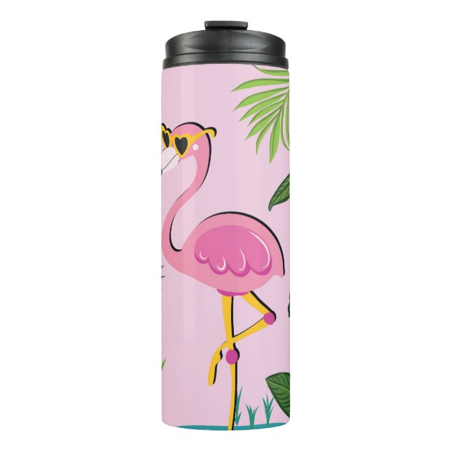 Flamingo Palm Verlasse tropisches Design Thermosbecher (Vorderseite)