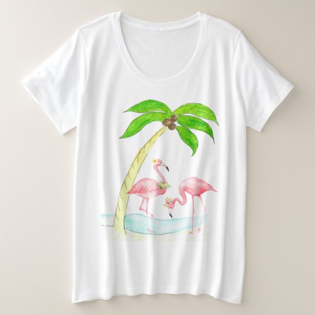 Flamingo-Palme-Frauen plus Größen-Sommer-T - Shirt (Design vorne)