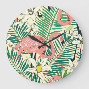 Flamingo-Palmenblätter: Tropisch Vintage Große Wanduhr