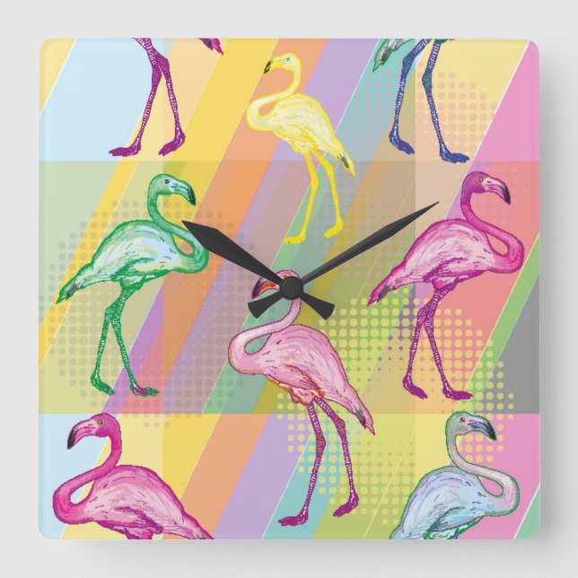 Flamingo Parade Quadratische Wanduhr (Vorderseite)