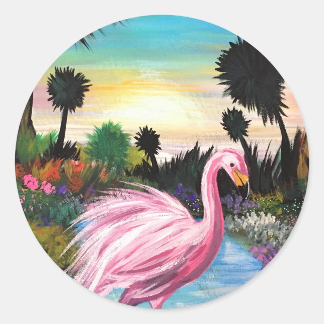 Flamingo Paradise Runder Aufkleber (Vorderseite)