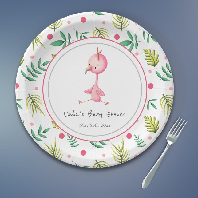 Flamingo Party Personalisiert Niedliche Babydusche Pappteller (Tropical flamingo baby shower paper plates)