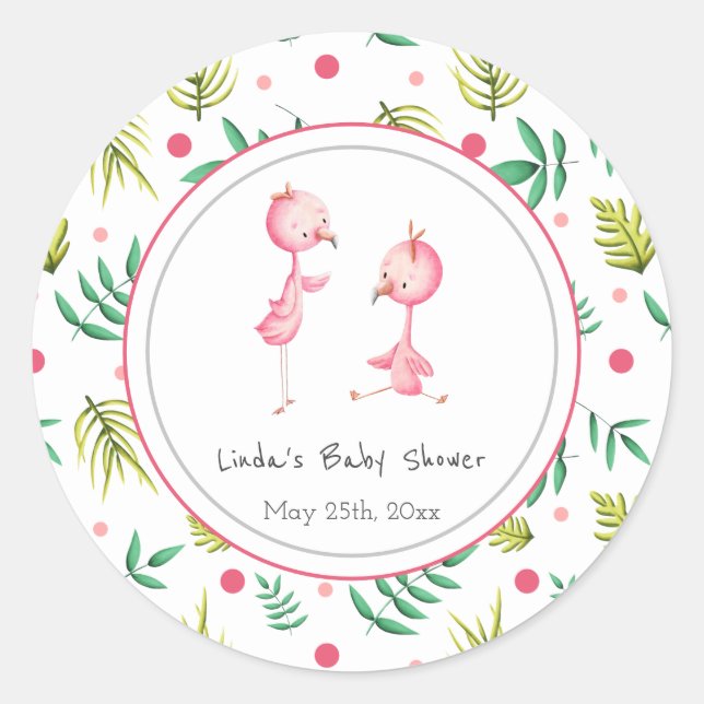 Flamingo Party Personalisiert Twins Baby Dusche Runder Aufkleber (Vorderseite)