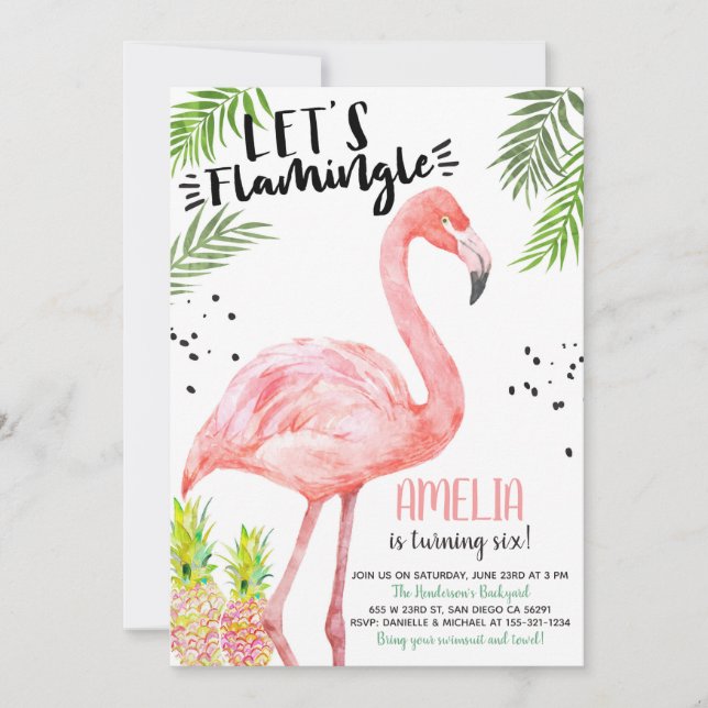 Flamingo Pineaple Watercolor Einladung (Vorderseite)