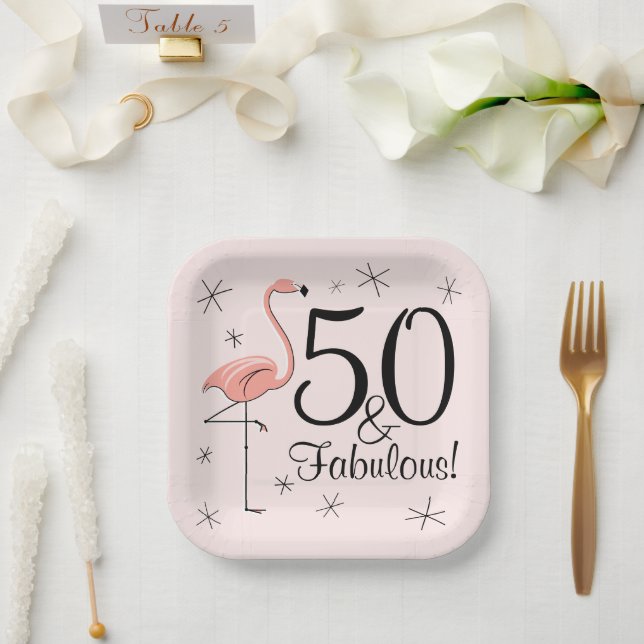 Flamingo Pink 50 und Fabulous quadratische Papierp Pappteller (Hochzeit)
