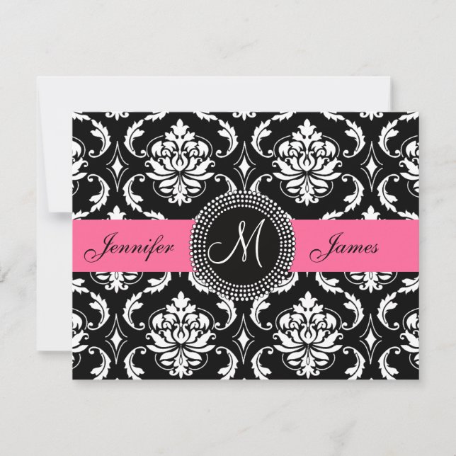 Flamingo Pink Black Damask Monogram Save the Date (Vorderseite)