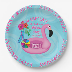 Flamingo Pink Floral Birthday Pool Party Pappteller