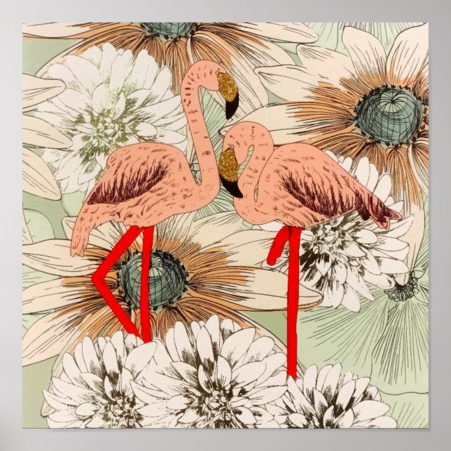 Flamingo Pink Floral Tropical Blätter Glitzer Poster (Vorne)