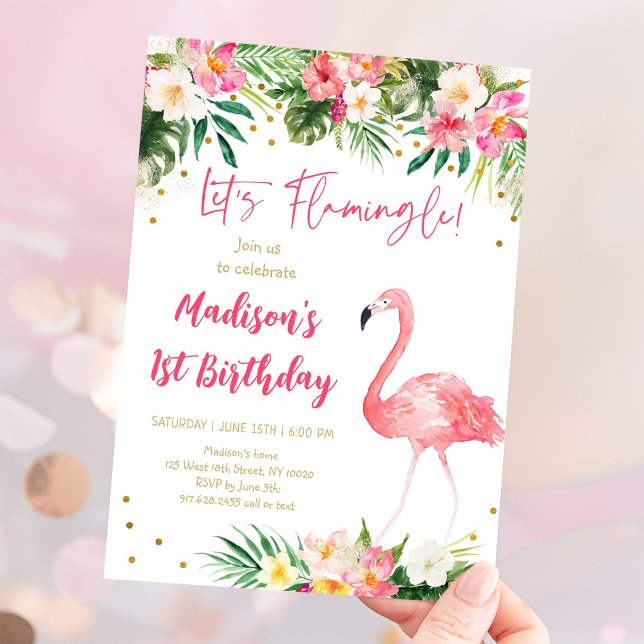 Flamingo Pink Gold Erster Geburtstag Einladung (Von Creator hochgeladen)