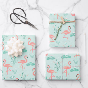 Flamingo Pink Grün tropische Vögel Trendy Geschenkpapier Set