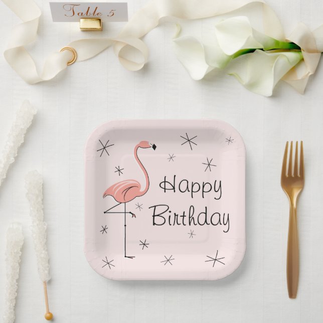 Flamingo Pink Happy Birthday Square Pappteller (Hochzeit)
