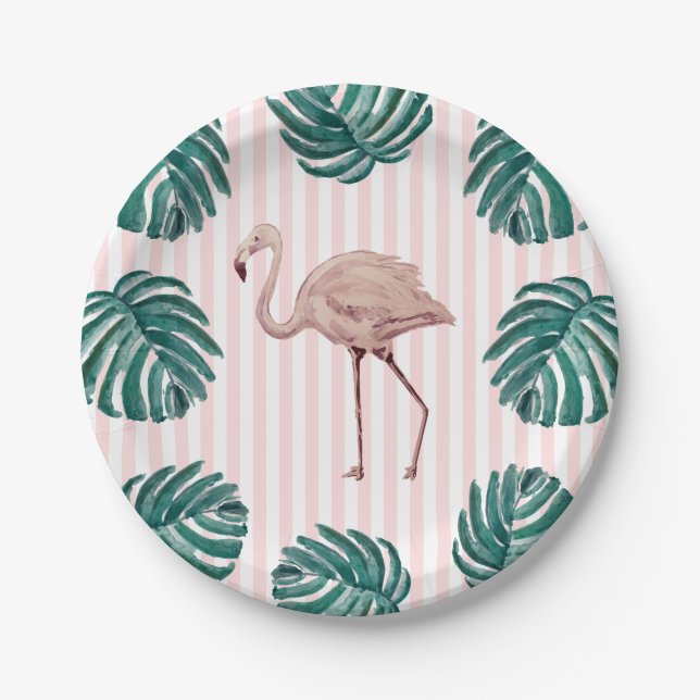 Flamingo Pink Stripe Birthday Tropical Pappteller (Vorderseite)