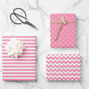 Flamingo Pink & White Streifen Polka Dot Zickzack Geschenkpapier Set