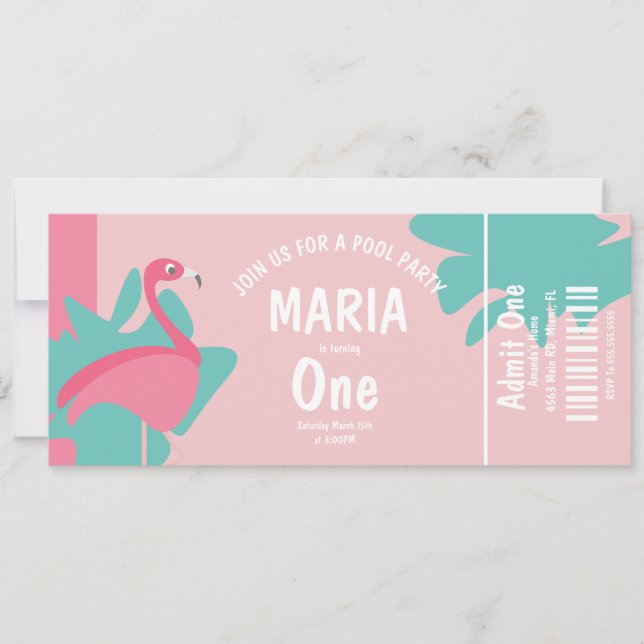 Flamingo Pool Birthday Ticket Party Einladung (Vorderseite)