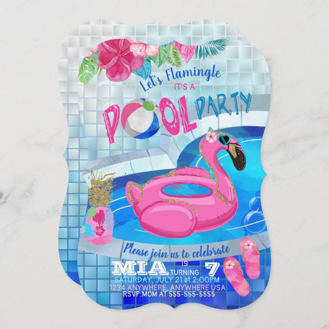 Flamingo-Pool-Party, tropische Einladung (Vorne/Hinten)
