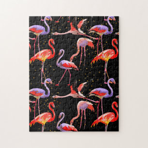Flamingo Puzzle farbenfrohe Vögel auf schwarz