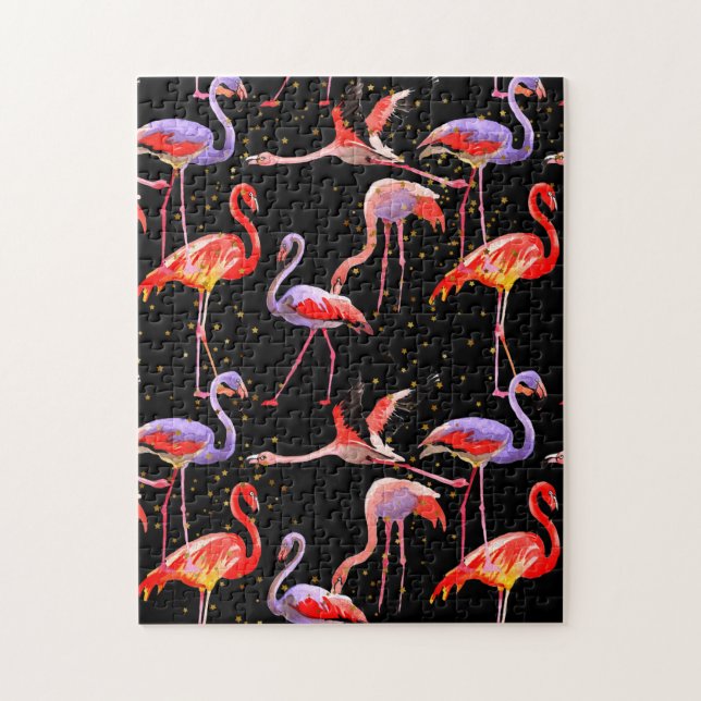 Flamingo Puzzle farbenfrohe Vögel auf schwarz (Vertikal)