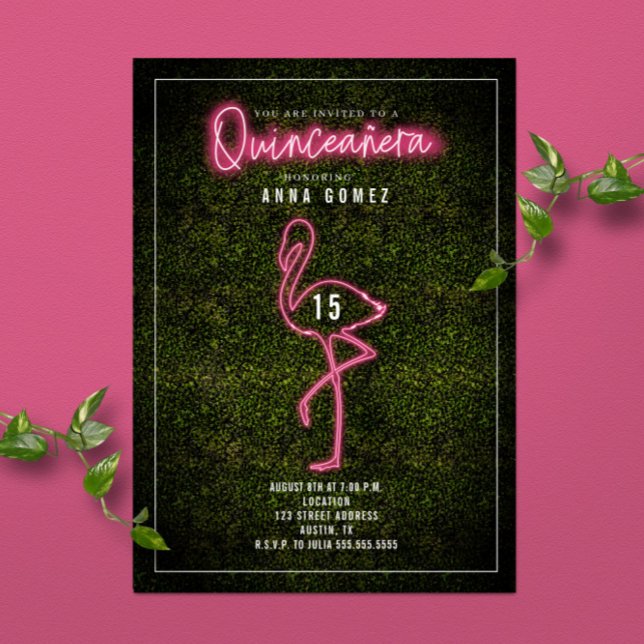 Flamingo Quinceañera Pink Neon Lights Boxwood Einladung (Von Creator hochgeladen)