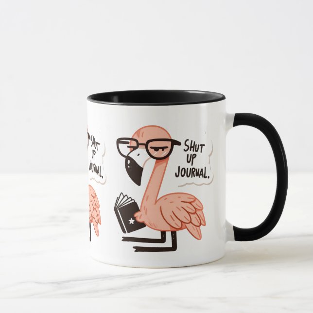 Flamingo Reading a Journal - "Shut Up, Journal" Tasse (Rechts)