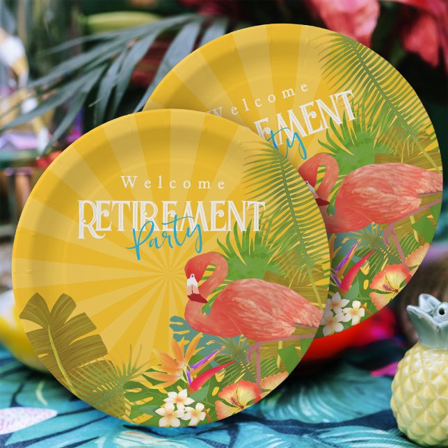 Flamingo Retirement Yellow Orange Pappteller (Flamingo Retirement Yellow Orange Party Plate)