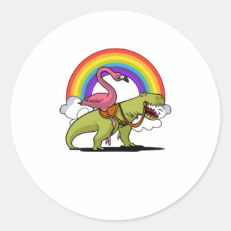 Flamingo Riding Dinosaur T - Shirt Runder Aufkleber