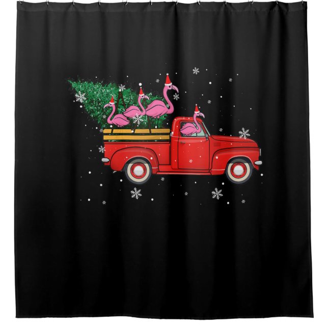 Flamingo Riding Red Truck Xmas Weihnachtsmannmütze Duschvorhang (Vorderseite)