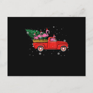Flamingo Riding Red Truck Xmas Weihnachtsmannmütze Einladungspostkarte