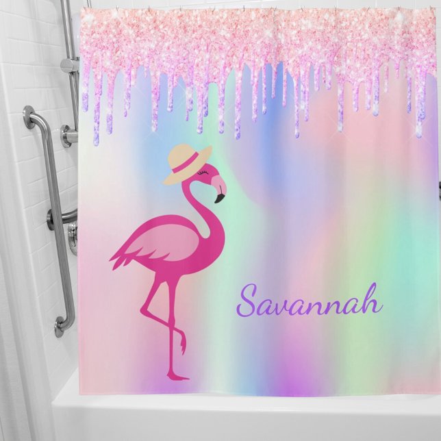 Flamingo rosa Glitzer Tropfen monogramm holografis Duschvorhang (Von Creator hochgeladen)