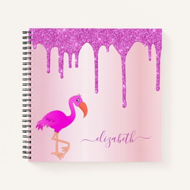Flamingo rosa Glitzer Tropfen Name Mädchen Notizbuch (Vorderseite)