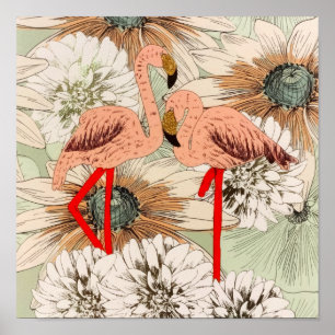 Flamingo Rosa Tropische Blätter Glitzer Poster