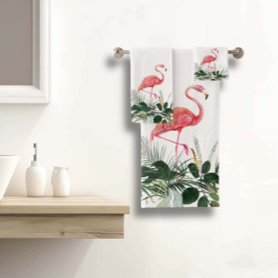 Flamingo Rosa Tropische Wasserfarben Blätter Palme Badhandtuch Set