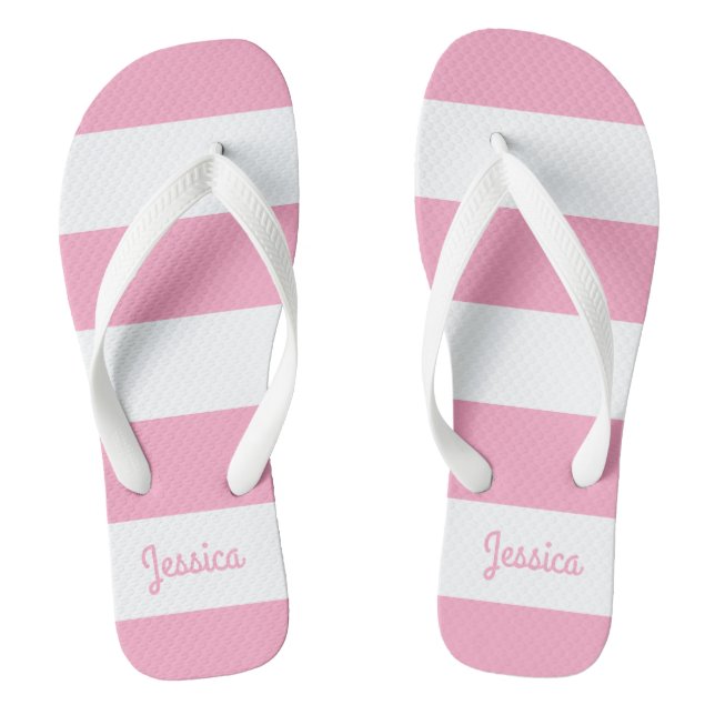 Flamingo Rosa und Weiße Streifen Personalisiert Flip Flops (Fußbett)