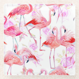 Flamingo Rose: Wasserfarbe Vogel Floral Glasuntersetzer