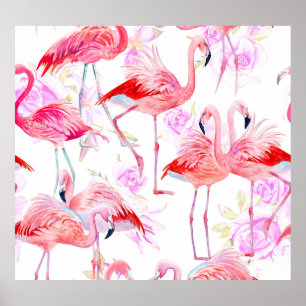 Flamingo Rose: Watercolor Bird Floral Poster