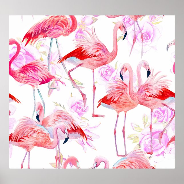Flamingo Rose: Watercolor Bird Floral Poster (Vorne)