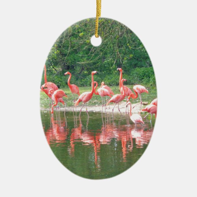 Flamingo Row am See im Frühjahr, Vögel Pink Wildli Keramik Ornament (Vorne)