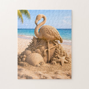 Flamingo-Sandskulptur am tropischen Strand Puzzle