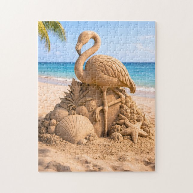 Flamingo-Sandskulptur am tropischen Strand Puzzle (Vertikal)