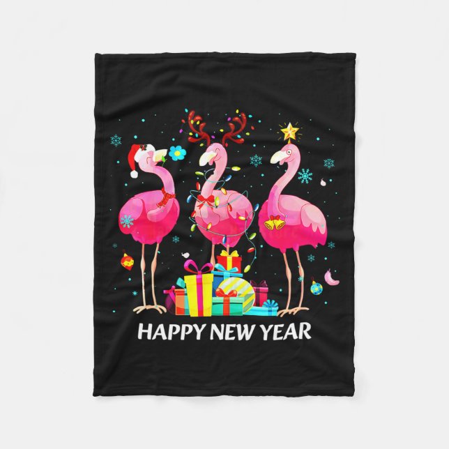 Flamingo Santa Hat Happy New Year Light Long Sleev Fleecedecke (Vorderseite)