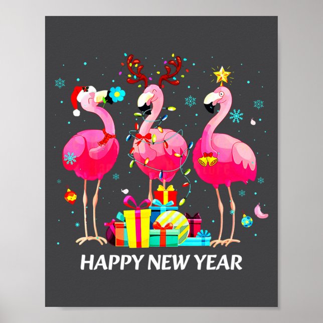 Flamingo Santa Hat Happy New Year Light Long Sleev Poster (Vorne)