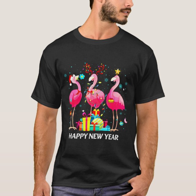 Flamingo Santa Hat Happy New Year Light Long Sleev T-Shirt (Vorderseite)