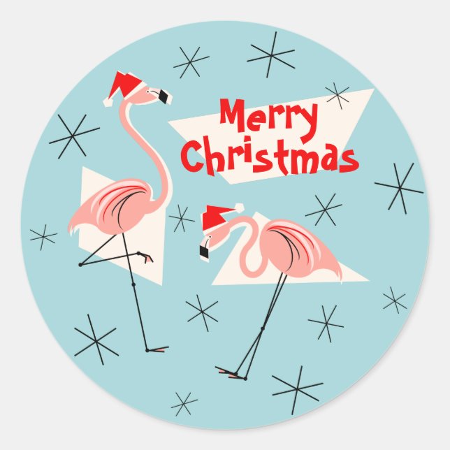 Flamingo Santas Blue Frohe Weihnachtsaufkleber run Runder Aufkleber (Vorderseite)