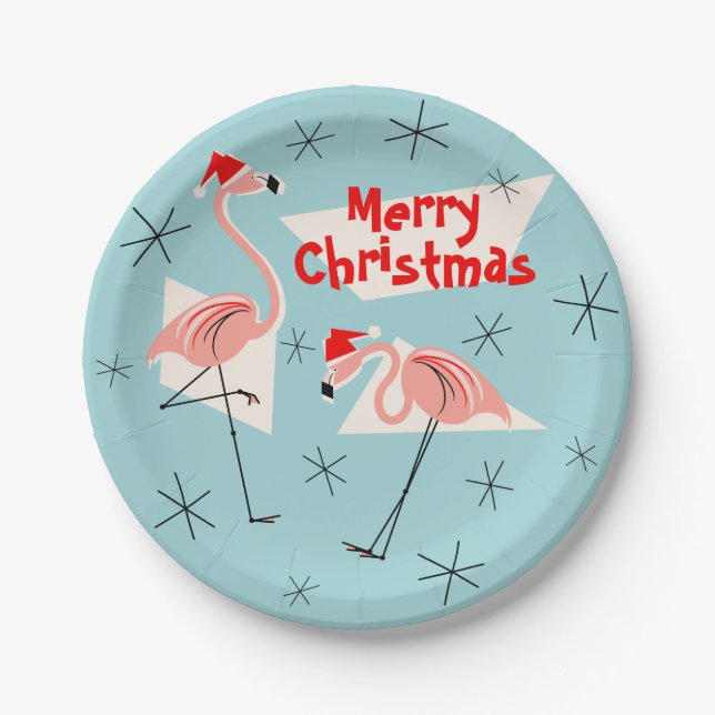 Flamingo Santas Blue Frohe Weihnachtszeitung Pappteller (Vorderseite)
