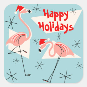Flamingo Santas Blue Happy Holidays Aufkleber Plat