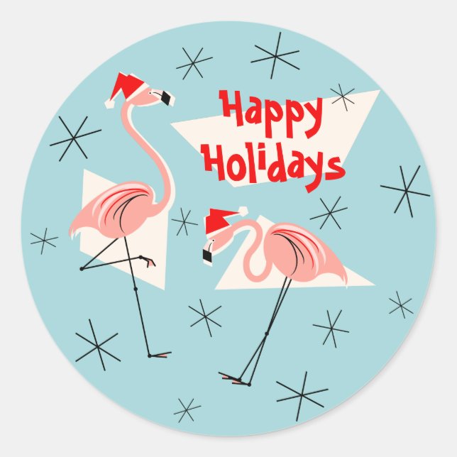 Flamingo Santas Blue Happy Holidays Aufkleber rund (Vorderseite)
