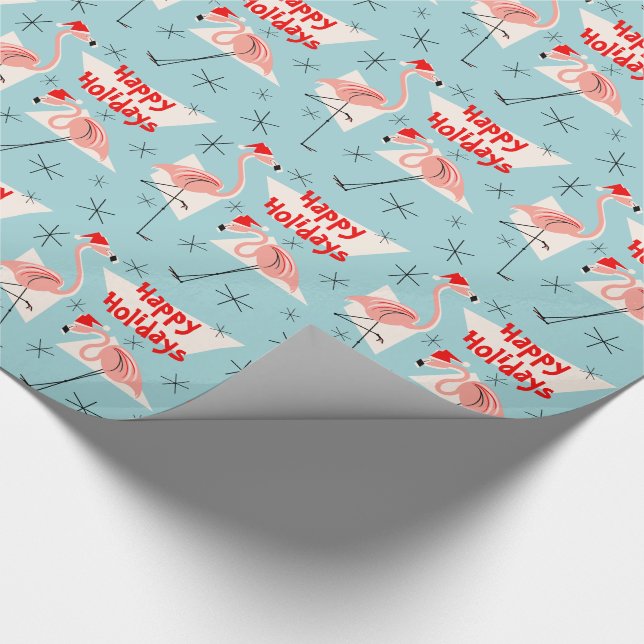 Flamingo Santas Blue Happy Holidays Geschenkpapier (Ecke)