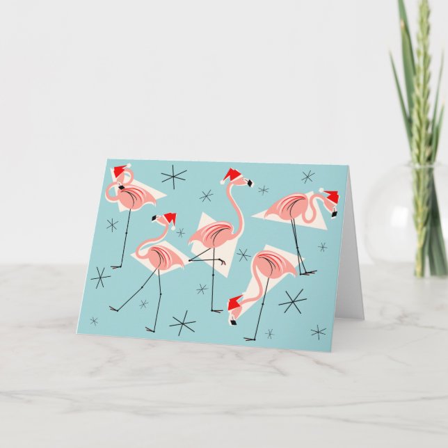 Flamingo Santas Blue horizontale Karte (Vorderseite)