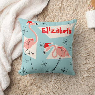 Flamingo Santas Blue Name Square Kissen