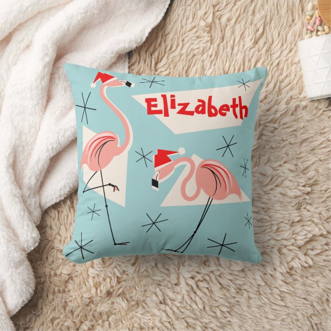 Flamingo Santas Blue Name Square Kissen (Decke)